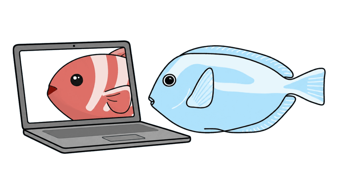 Two fish on a video call, one appearing on a laptop screen