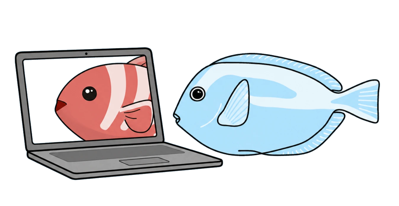 Two fish on a video call, one appearing on a laptop screen