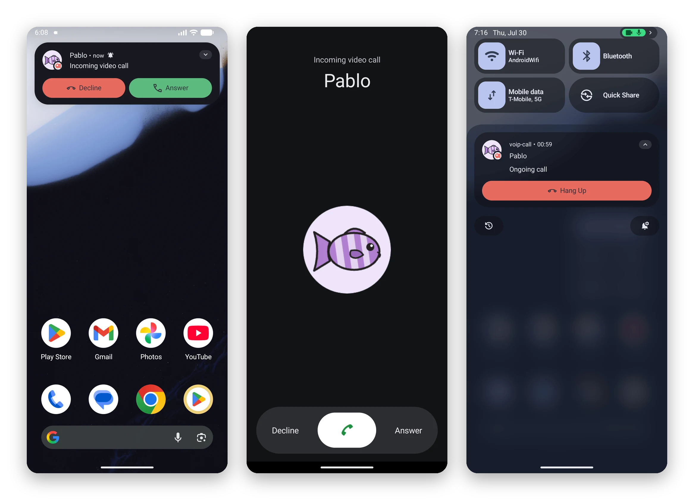 Android Telecom: a heads-up incoming-call banner, the full-screen incoming call over the lock screen, and the ongoing-call notification in the shade