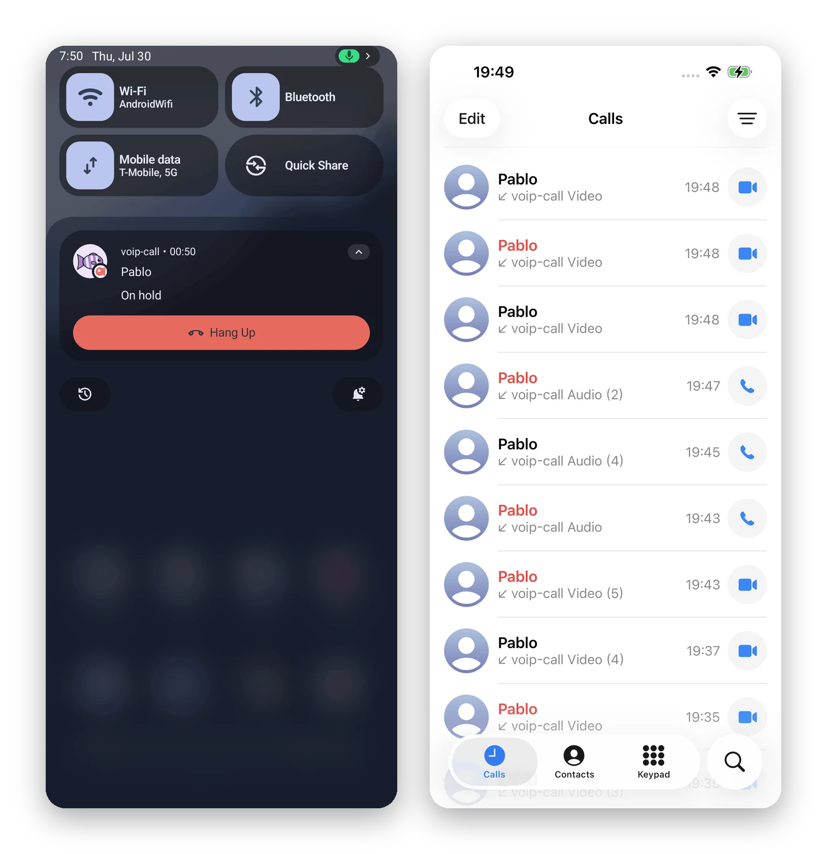 An on-hold call notification in the Android shade, and Fishjam VoIP calls in the iPhone's Recents call history