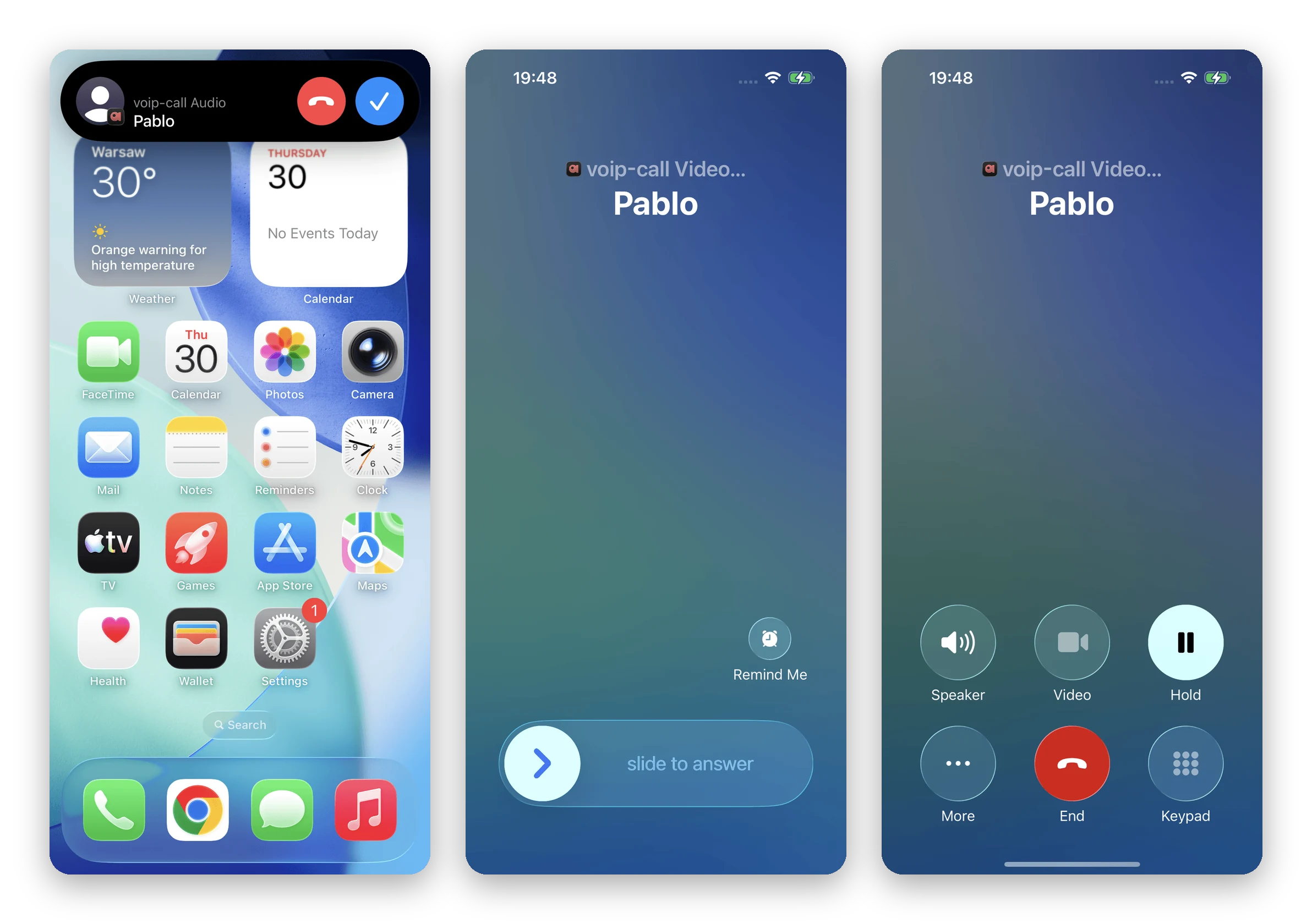CallKit on iOS: an incoming-call banner over the home screen, the incoming call on the lock screen, and a call on hold
